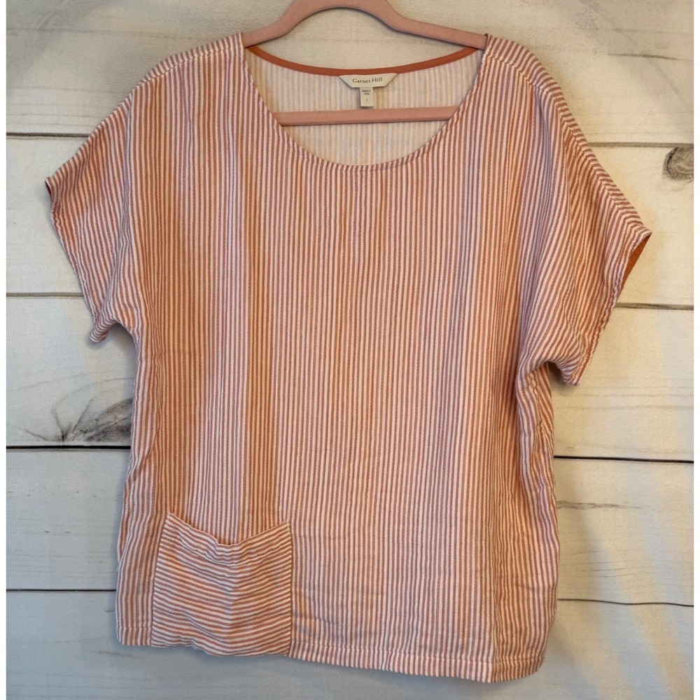 Garnet Hill - Orange Striped Pocket Blouse - L
